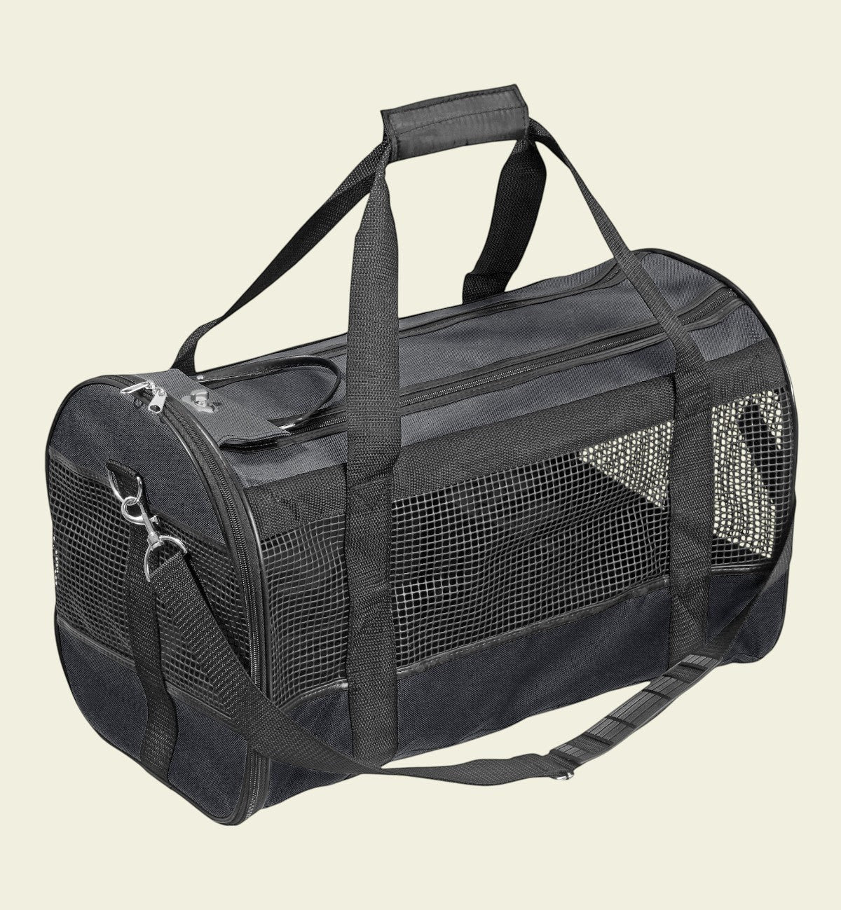 Animozen Sac de Transport Divina noir en polyester, 46x28x29 cm, avec aérations en maille et bandoulière réglable.