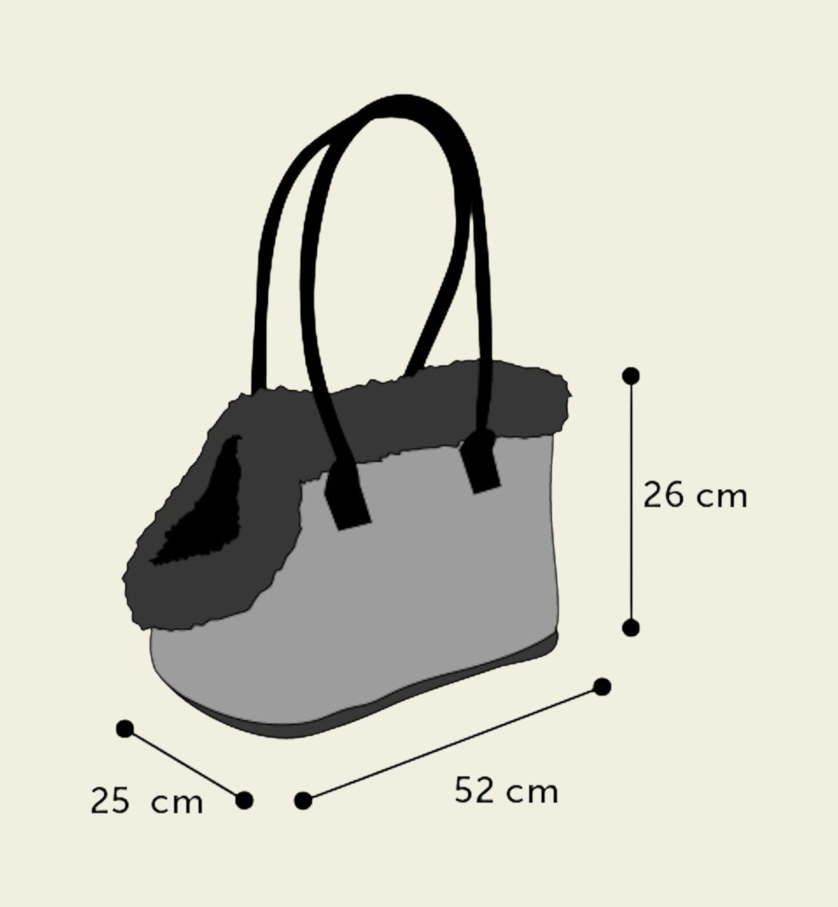 Sac de transport pour chien Animozen Esmee gris en textile, 52x25x27 cm, avec doublure intérieure douce et poignées.