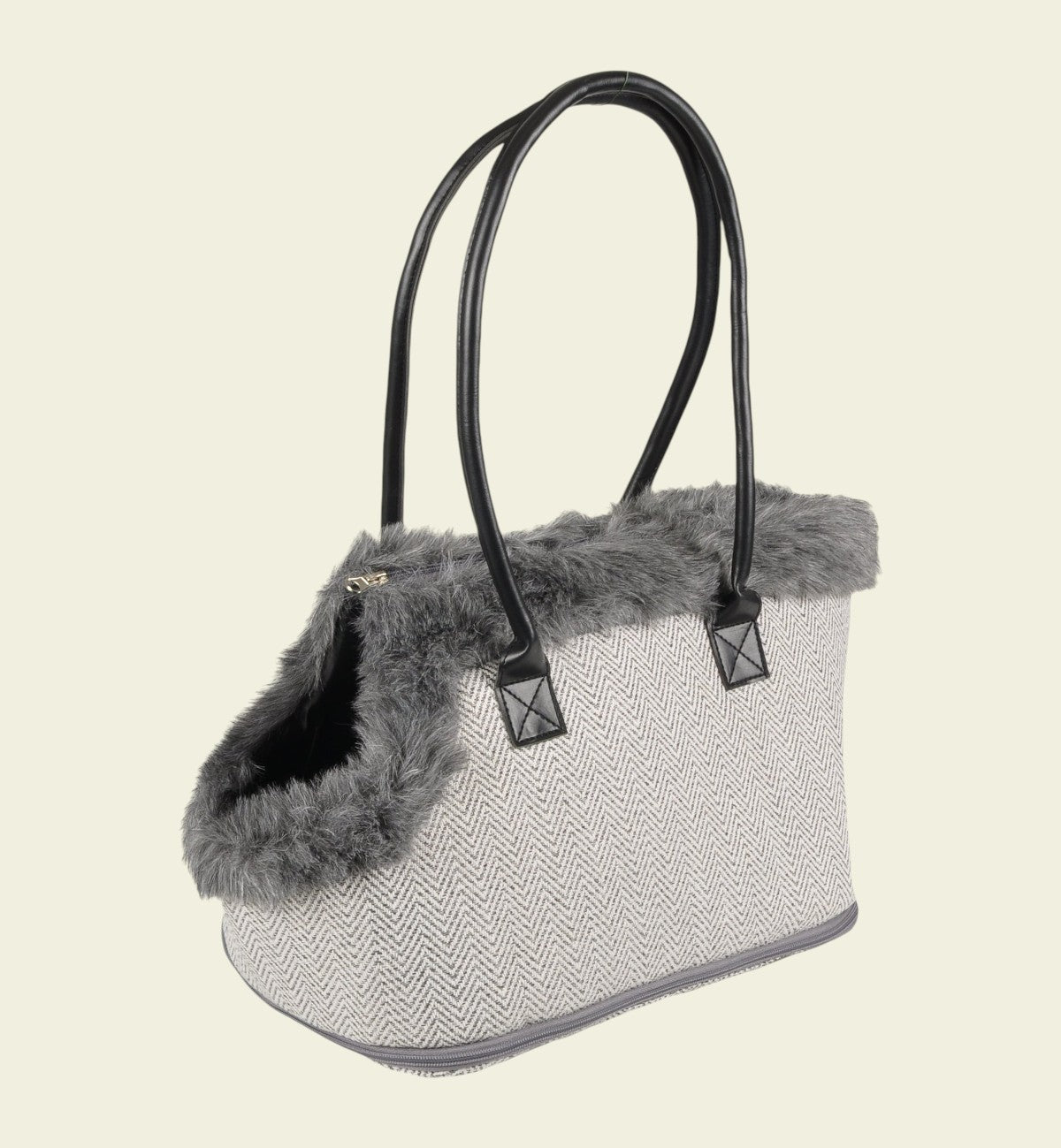 Animozen Sac de Transport pour Chien Esmee gris en textile avec bordure en fausse fourrure et poignées noires.