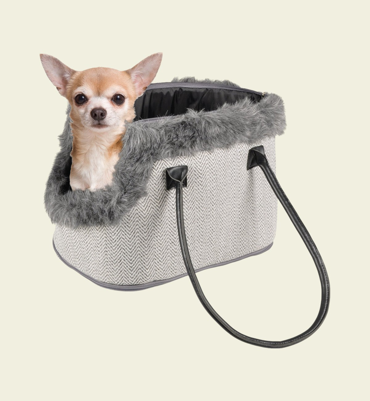 Animozen Sac de transport pour petit chien gris en textile à chevrons avec bordure en fausse fourrure et poignées noires.