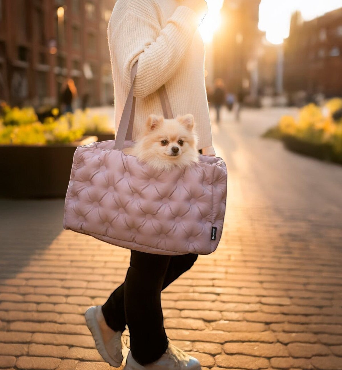 Animozen Sac de transport pour chien Imelda rose clair matelassé avec petit chien Pomeranian