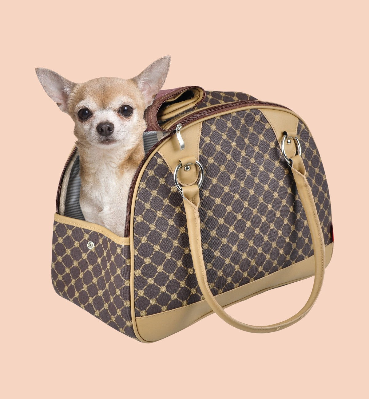 Animozen Sac de transport pour petit chien en similicuir marron avec motif géométrique, 41x20x31 cm