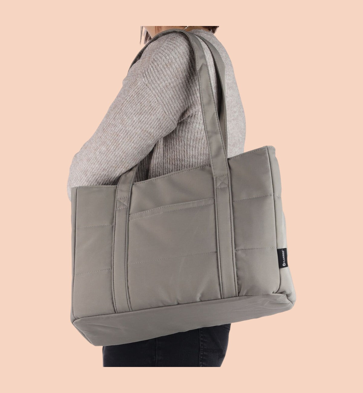 Animozen Sac de Transport pour Chien Miguel taupe en polyester matelassé avec poches extérieures et anses solides.