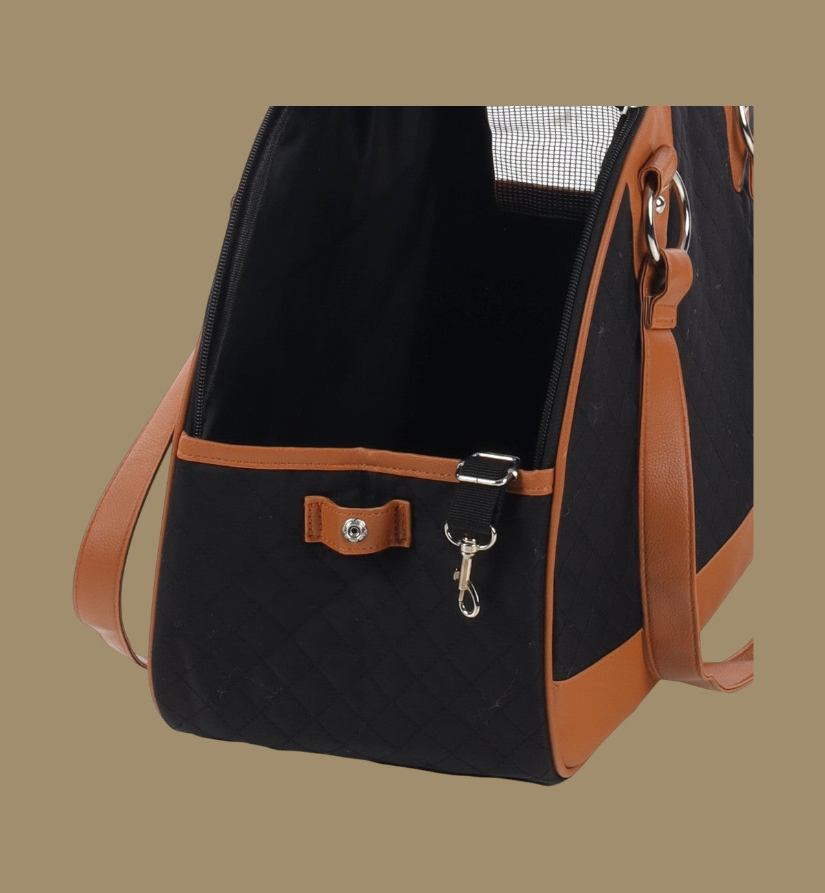 Sac de transport pour chien Animozen noir matelassé avec garnitures en cuir marron, maille respirante et fermeture éclair.