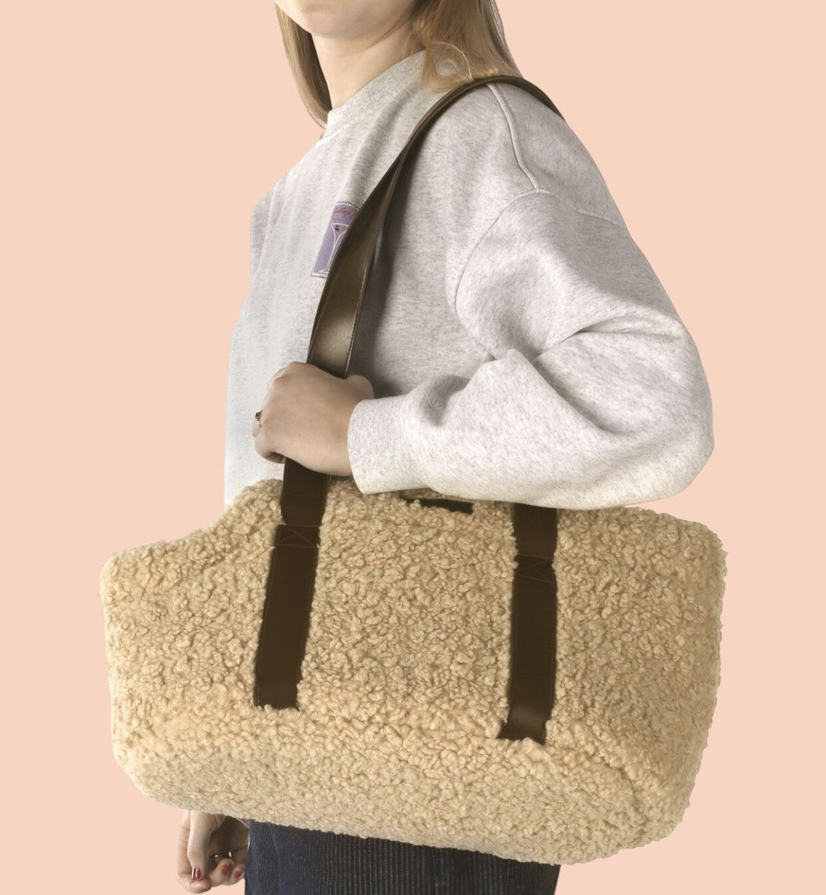 Animozen Sac de transport pour chien Pookie beige en polaire douce, 50x24x26 cm, avec fond amovible et sangle de sécurité.