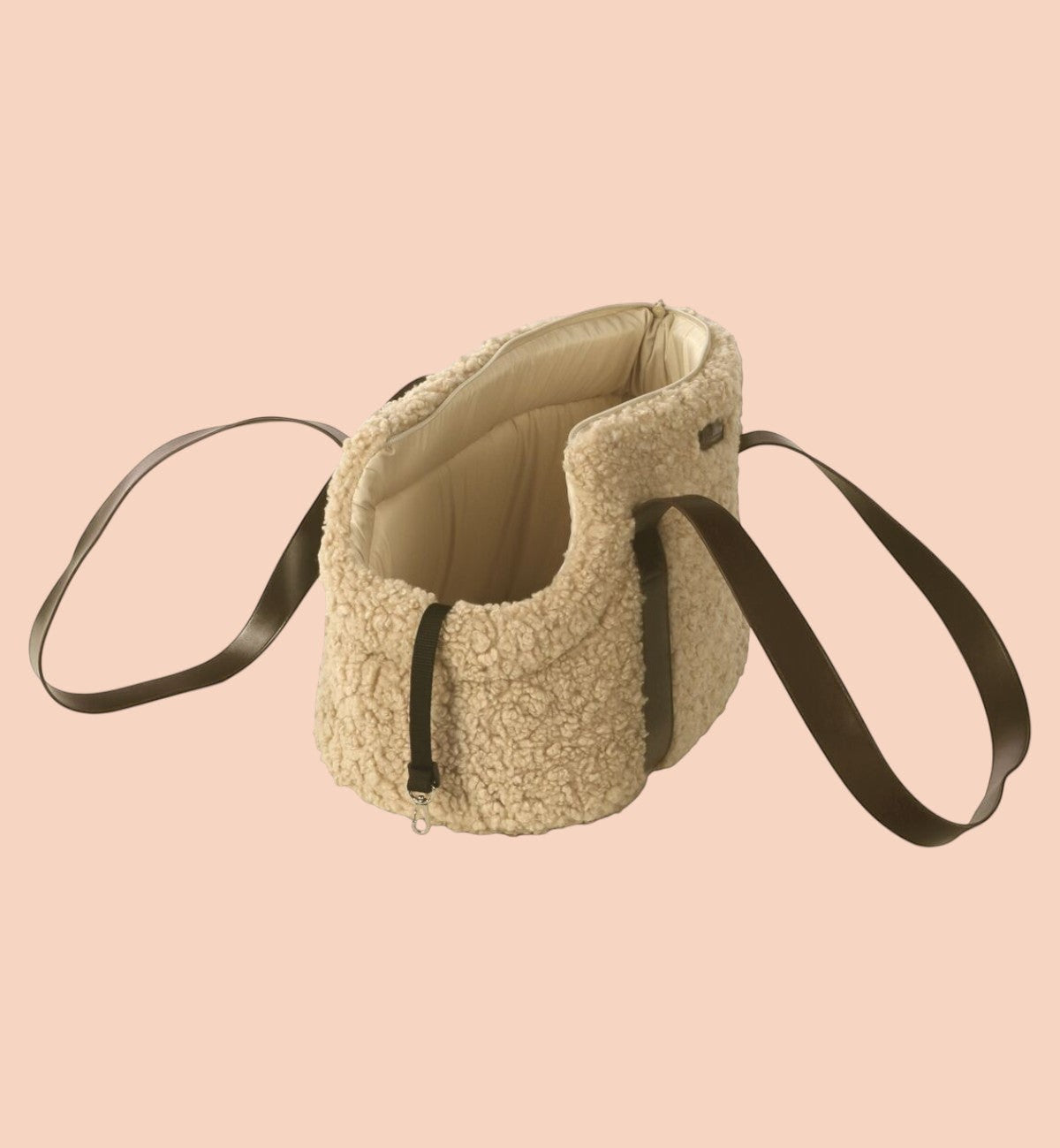 Animozen Sac de transport pour chien Pookie beige en polaire douce avec fond amovible et sangle de sécurité.