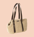 Animozen Sac de transport pour chien Pookie beige en polaire douce avec anses en cuir artificiel marron, 50x24x26 cm
