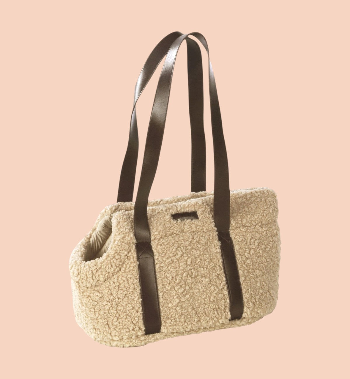 Animozen Sac de transport pour chien Pookie beige en polaire douce avec anses en cuir artificiel marron, 50x24x26 cm