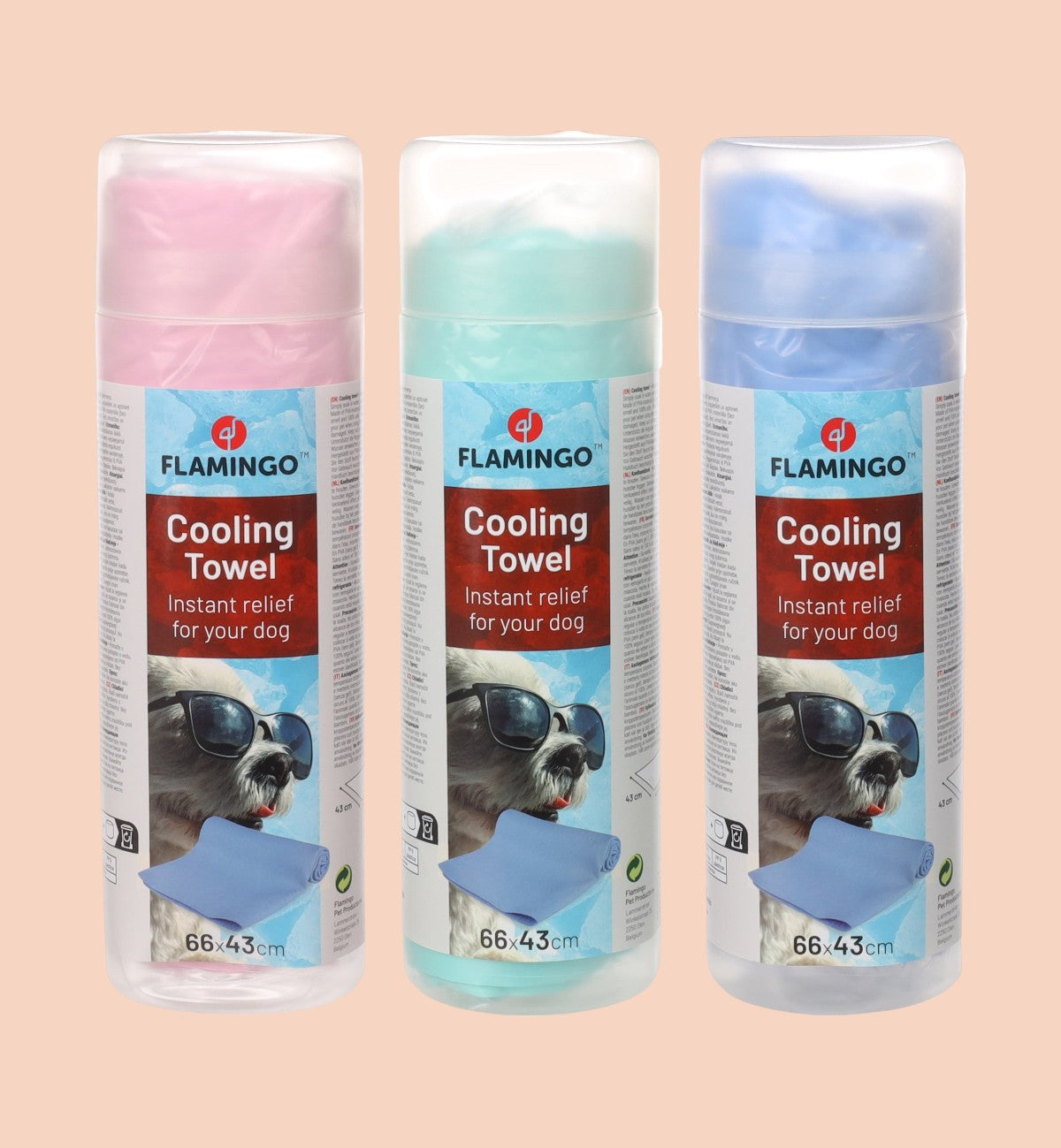 Animozen Tube de serviettes rafraîchissantes pour chien en polyester et PVA, disponible en rose, vert et bleu. Dimensions 66x43cm.