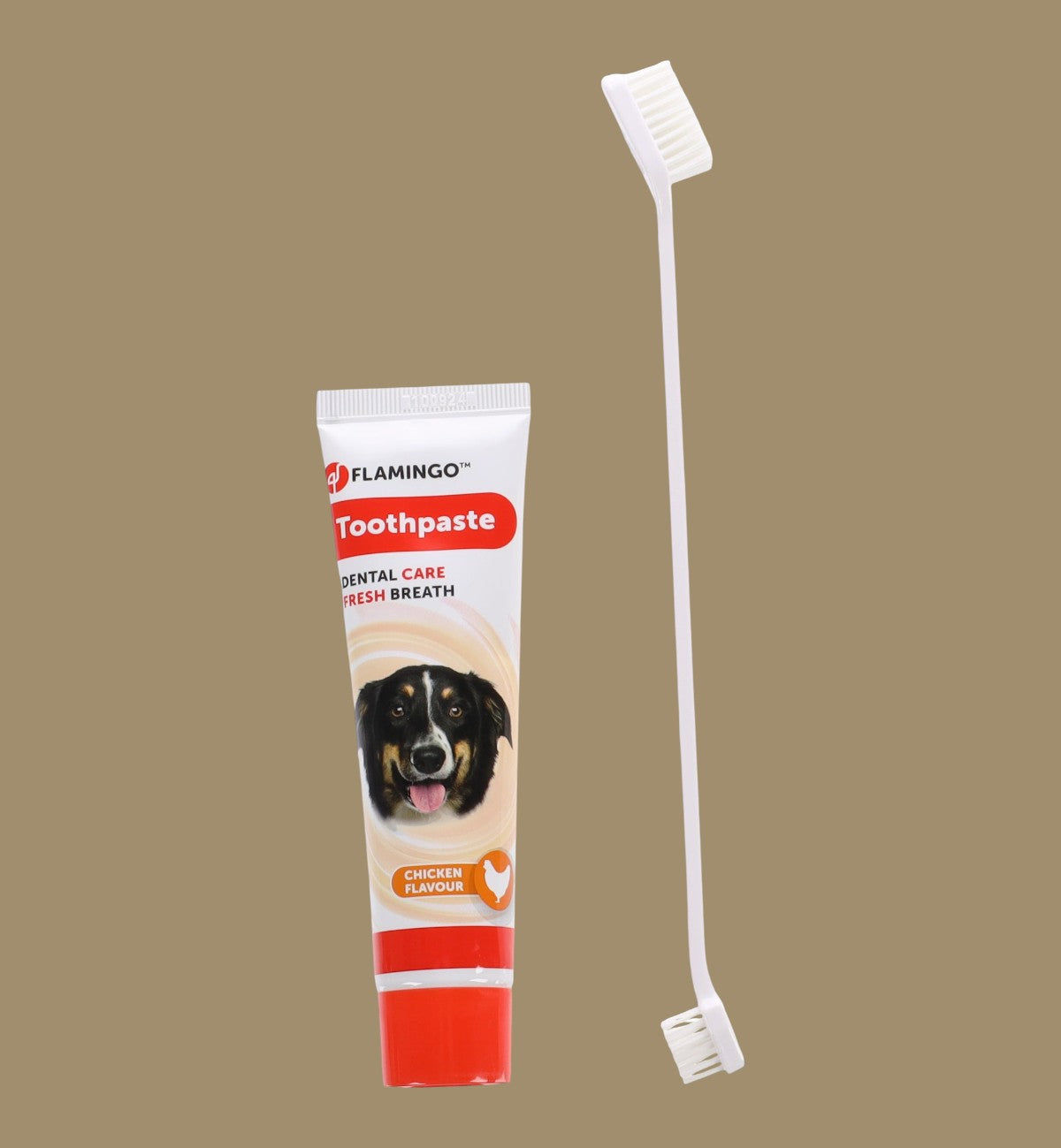 Animozen set de dentifrice et brosse à dents pour chien au goût de poulet, tube blanc et orange avec image de chien, brosse blanche double tête.