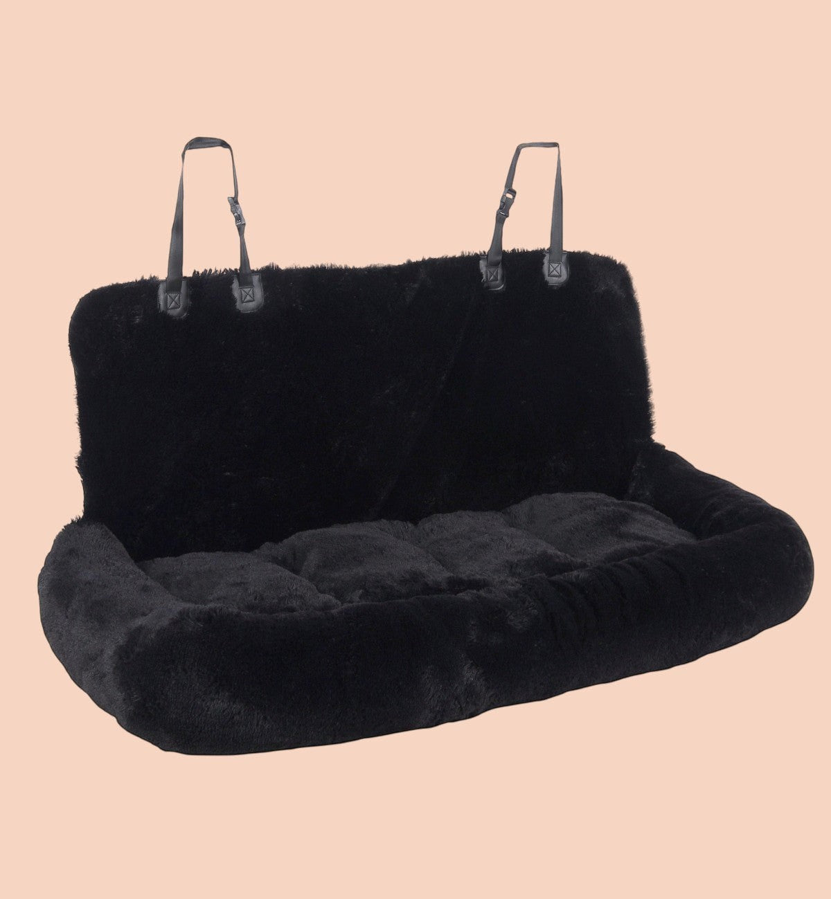 Animozen siège auto banquette doudou noir en polyester pour chien, rembourrage doux, sangles réglables et ouvertures pour ceinture.