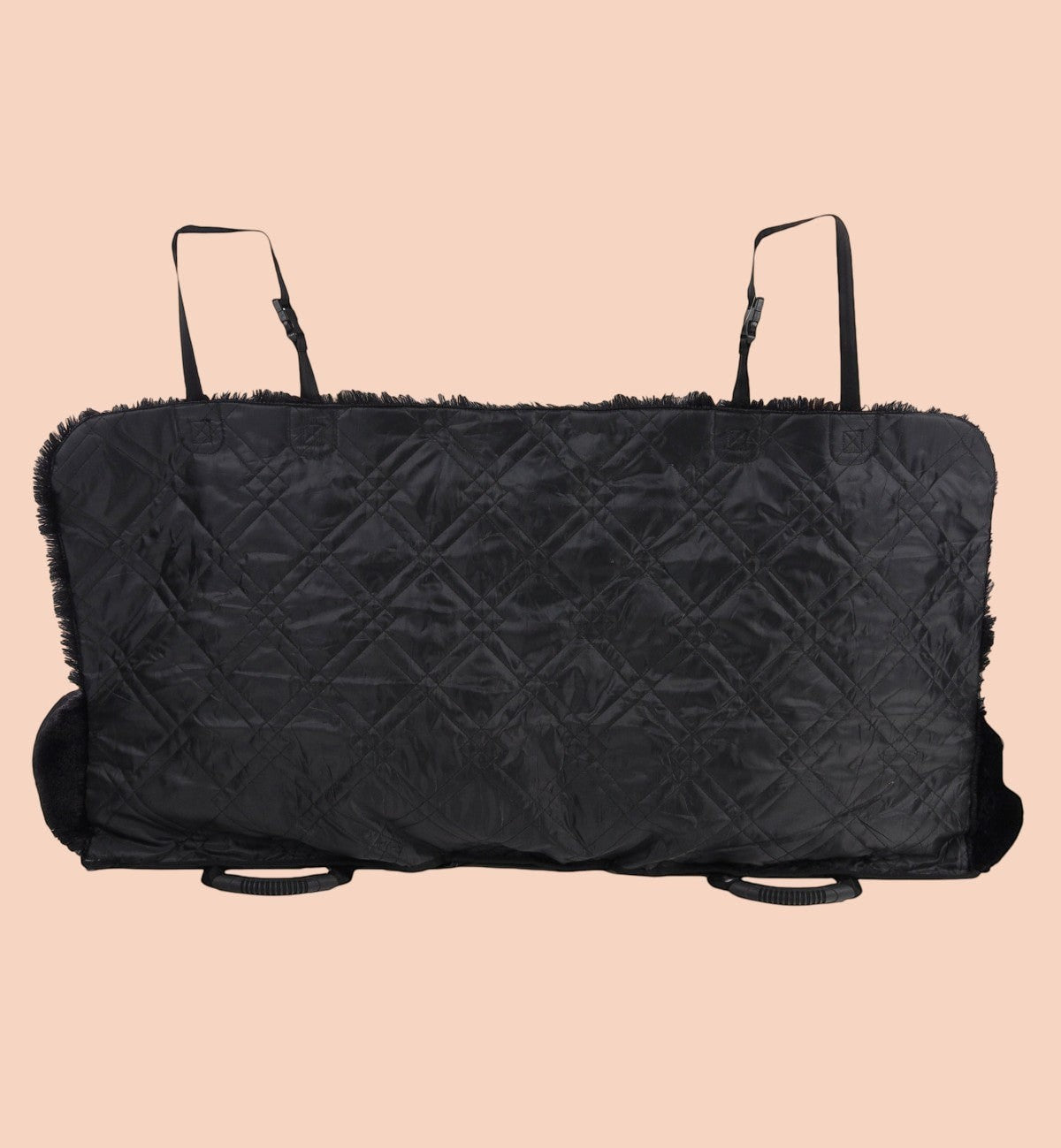Animozen siège auto banquette doudou noir en polyester matelassé avec finition peluche, sangles réglables et coussin amovible.