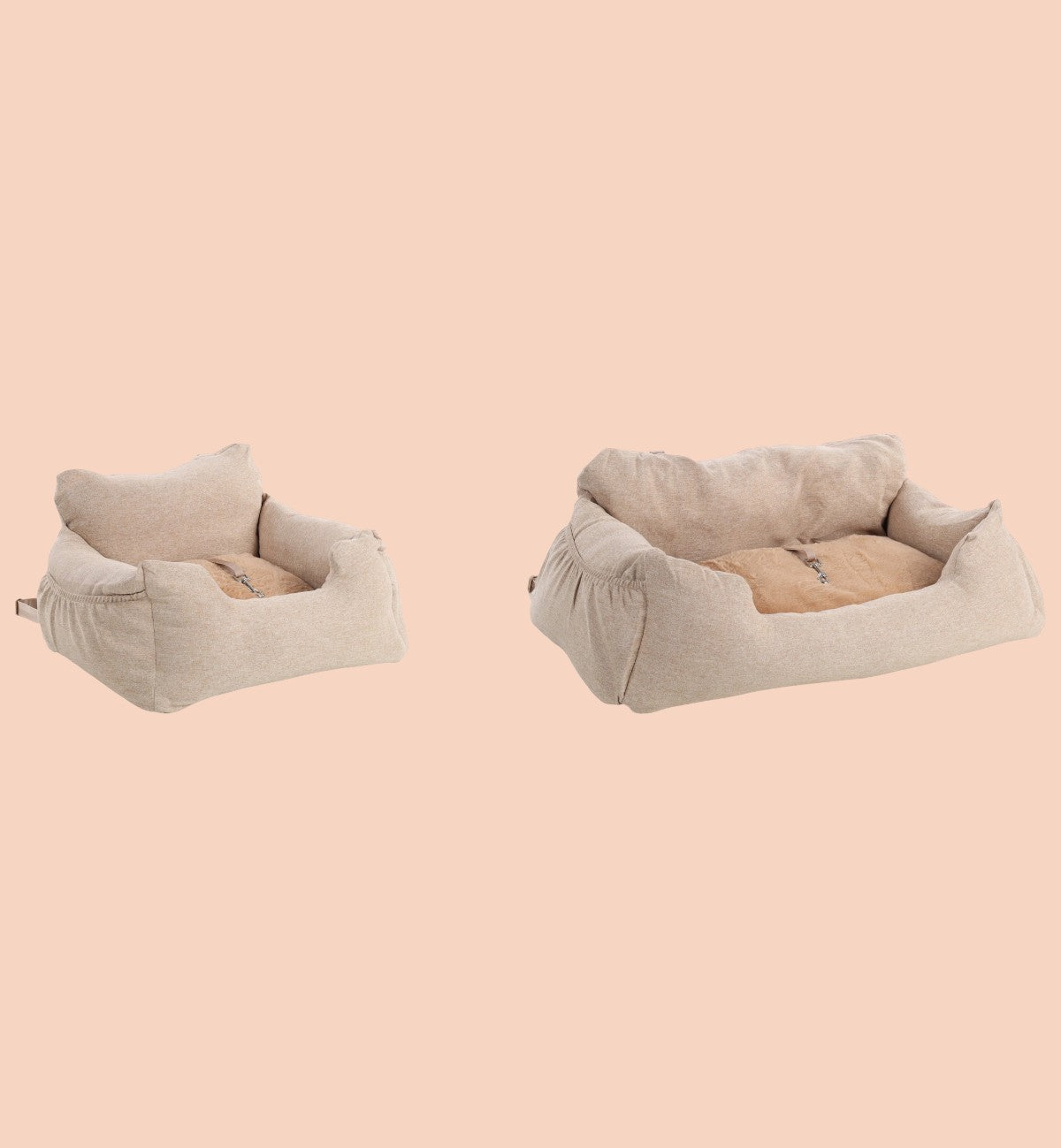Animozen Siège auto pour chien beige en polyester, avec coussin amovible et poches de rangement.
