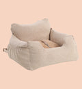 Animozen Siège auto pour chien beige en polyester, avec sangle de sécurité intégrée et poches de rangement.
