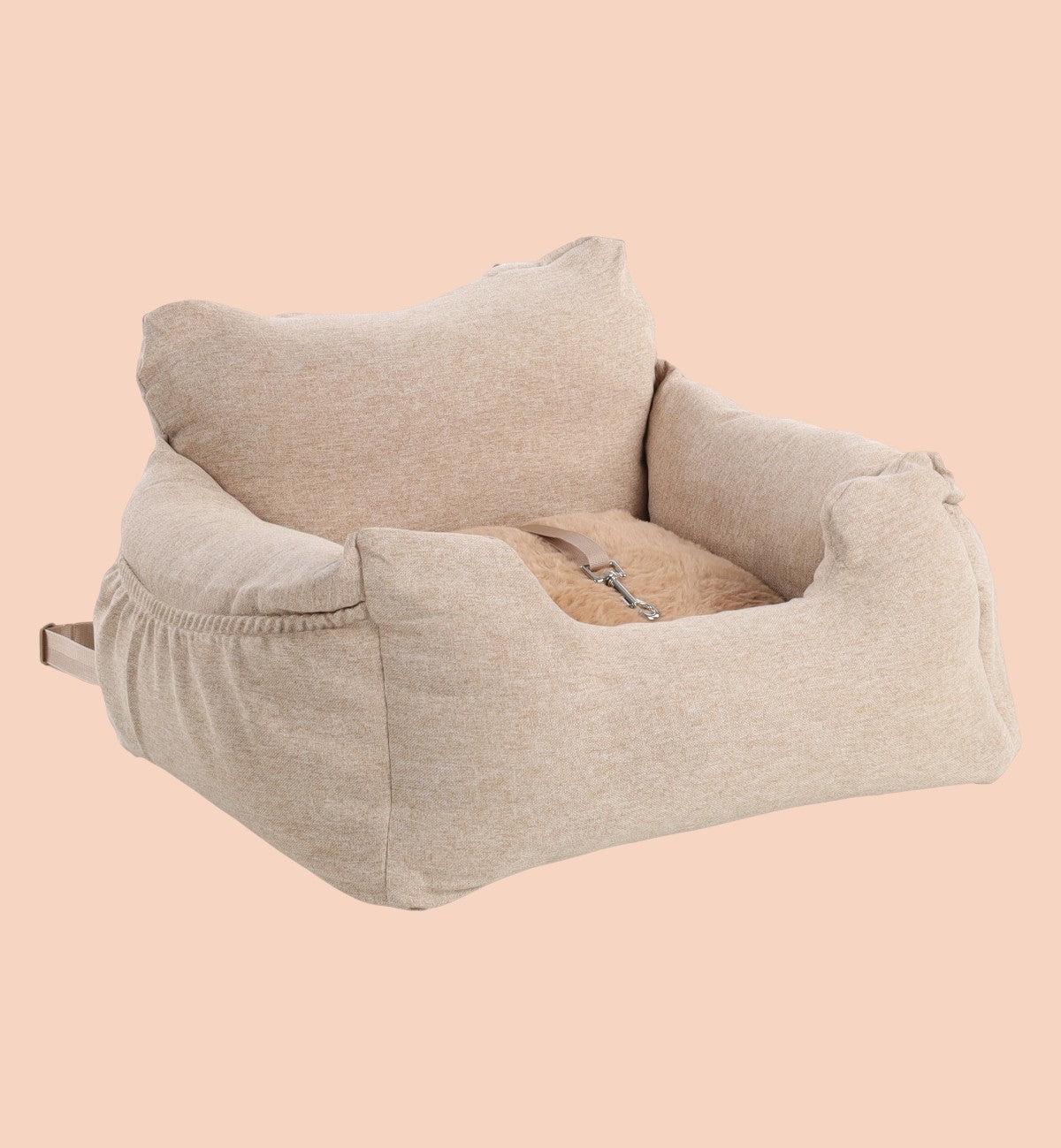 Animozen Siège auto pour chien beige en polyester, avec sangle de sécurité intégrée et poches de rangement.