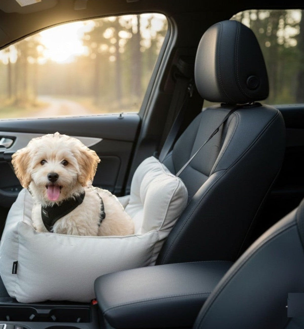 Animozen siège auto pour chien blanc en polyester résistant à l'eau, avec coussin amovible et sangles réglables pour un trajet sécurisé.