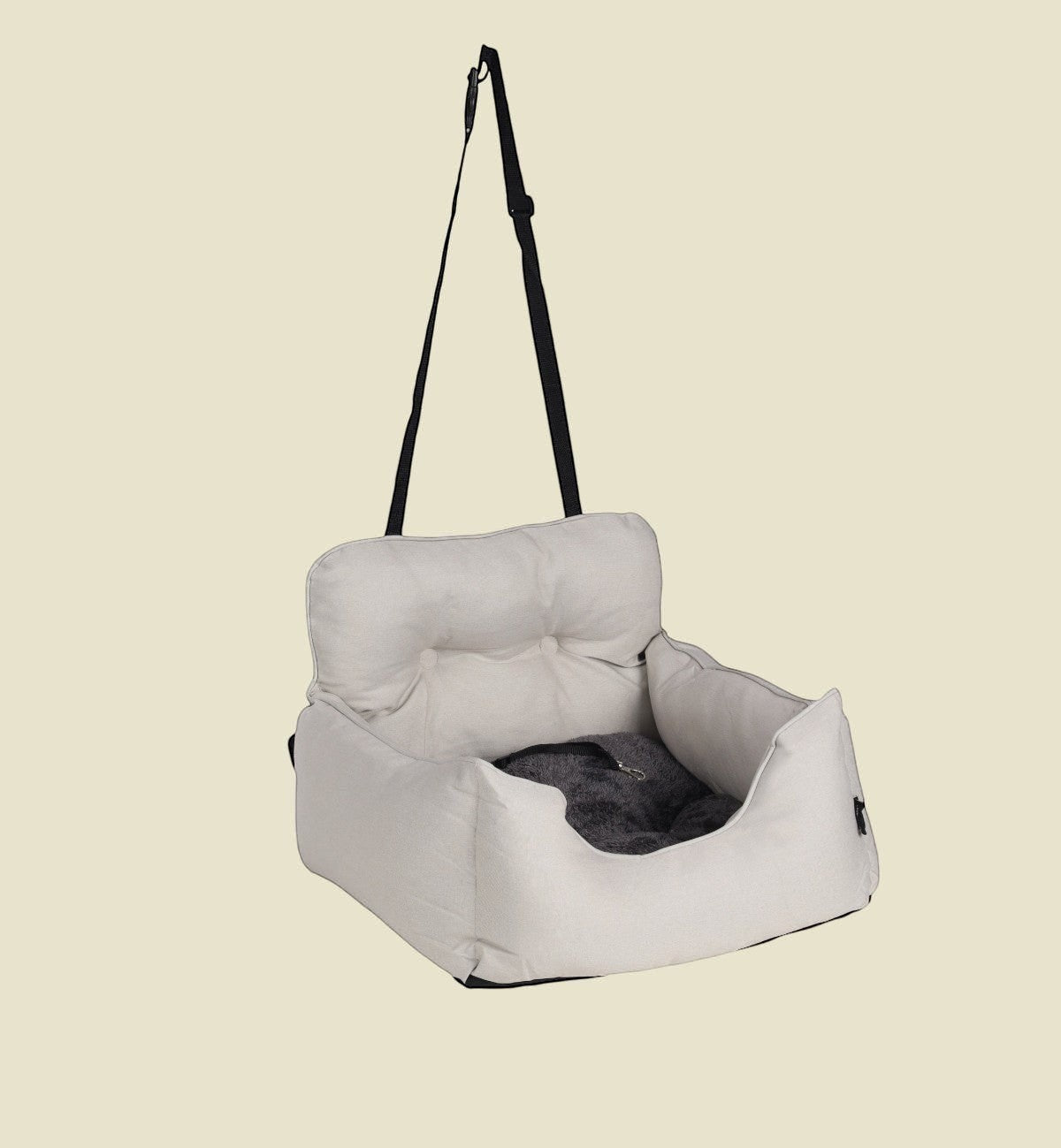 Animozen siège auto pour chien blanc en polyester résistant à l'eau avec rembourrage confortable et sangles réglables pour une fixation sécurisée.