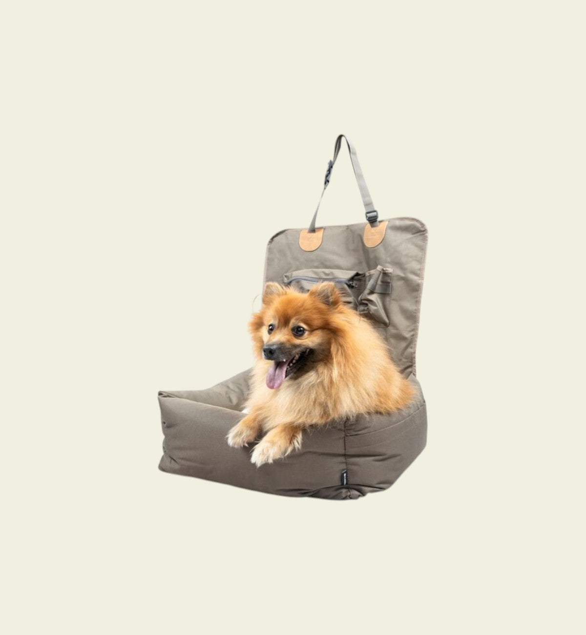 Animozen Siège auto pour chien brun en polyester, avec poches de rangement et sangle de sécurité pour un trajet confortable.