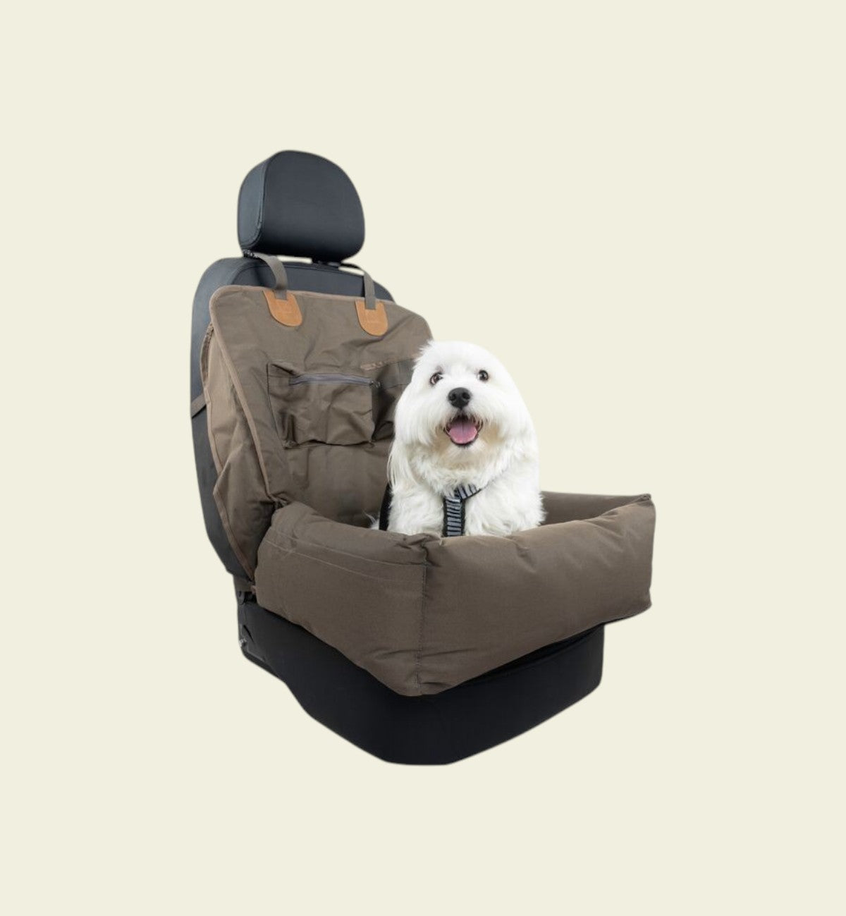 Animozen siège auto pour chien brun en polyester, avec coussin amovible et poches de rangement.