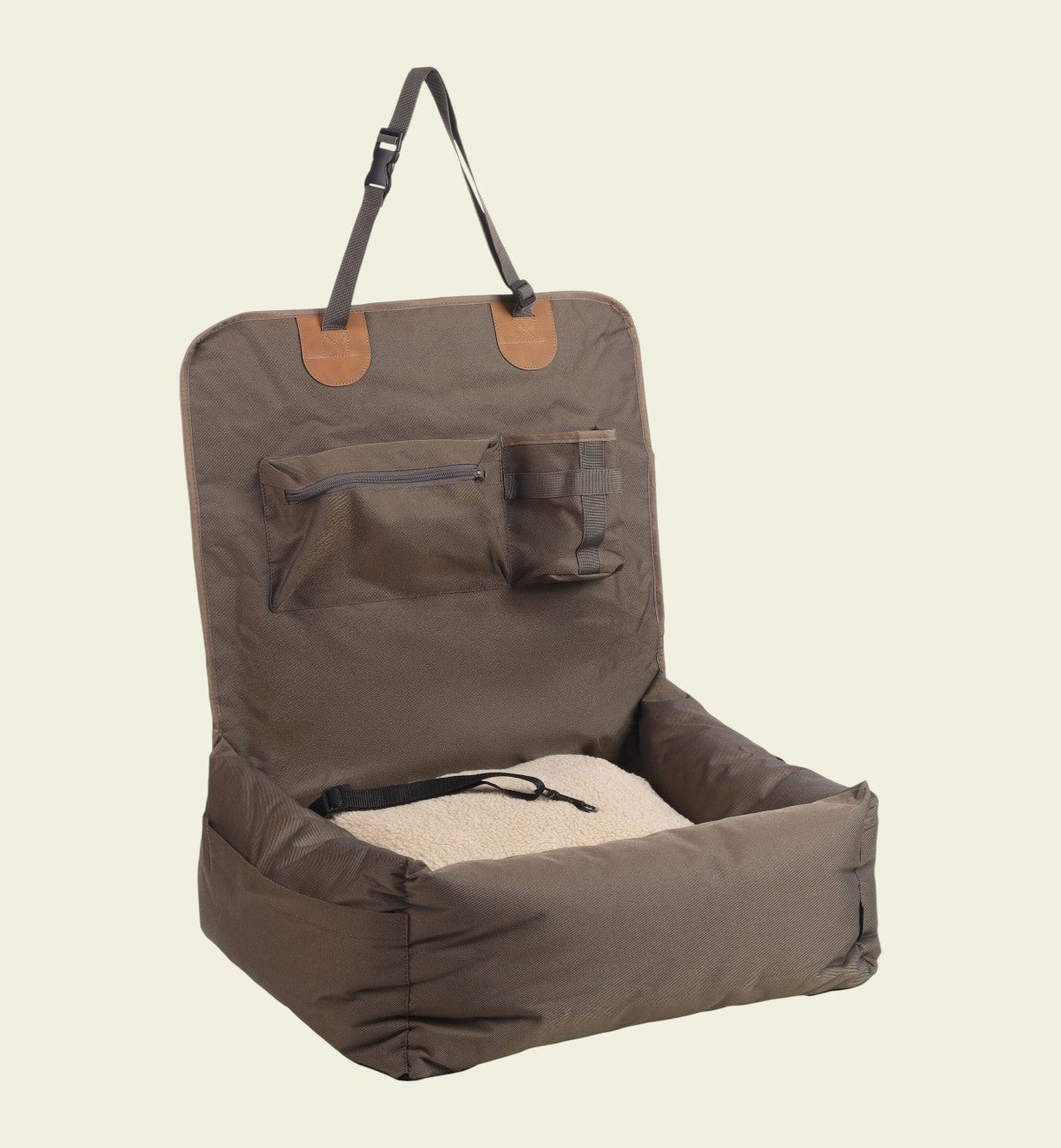 Animozen Siège auto pour chien brun en polyester, avec poches de rangement et coussin amovible.