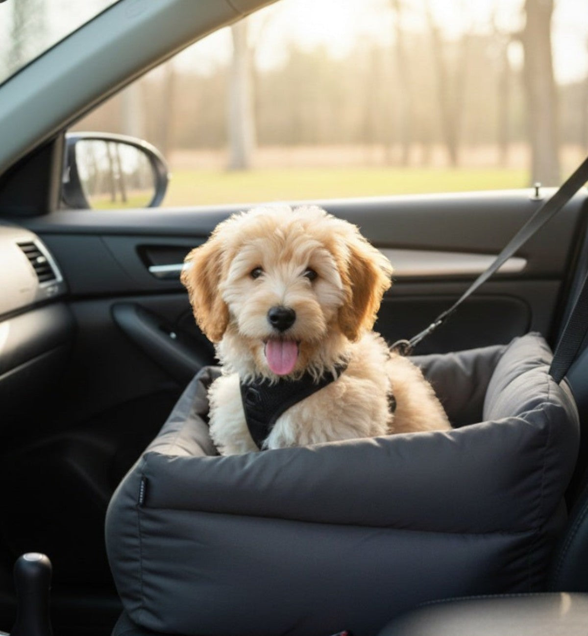 Animozen siège auto gris pour chien en polyester résistant à l'eau, avec rembourrage confortable et sangle de sécurité.
