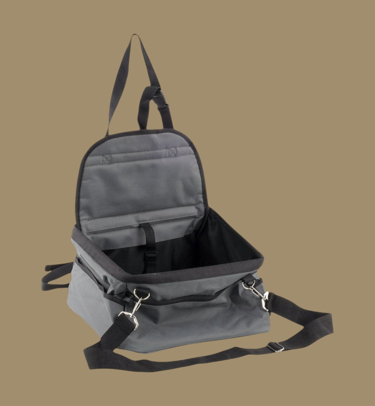 Animozen siège auto pour chien gris en polyester, pliable, avec sangle de sécurité et fond amovible.