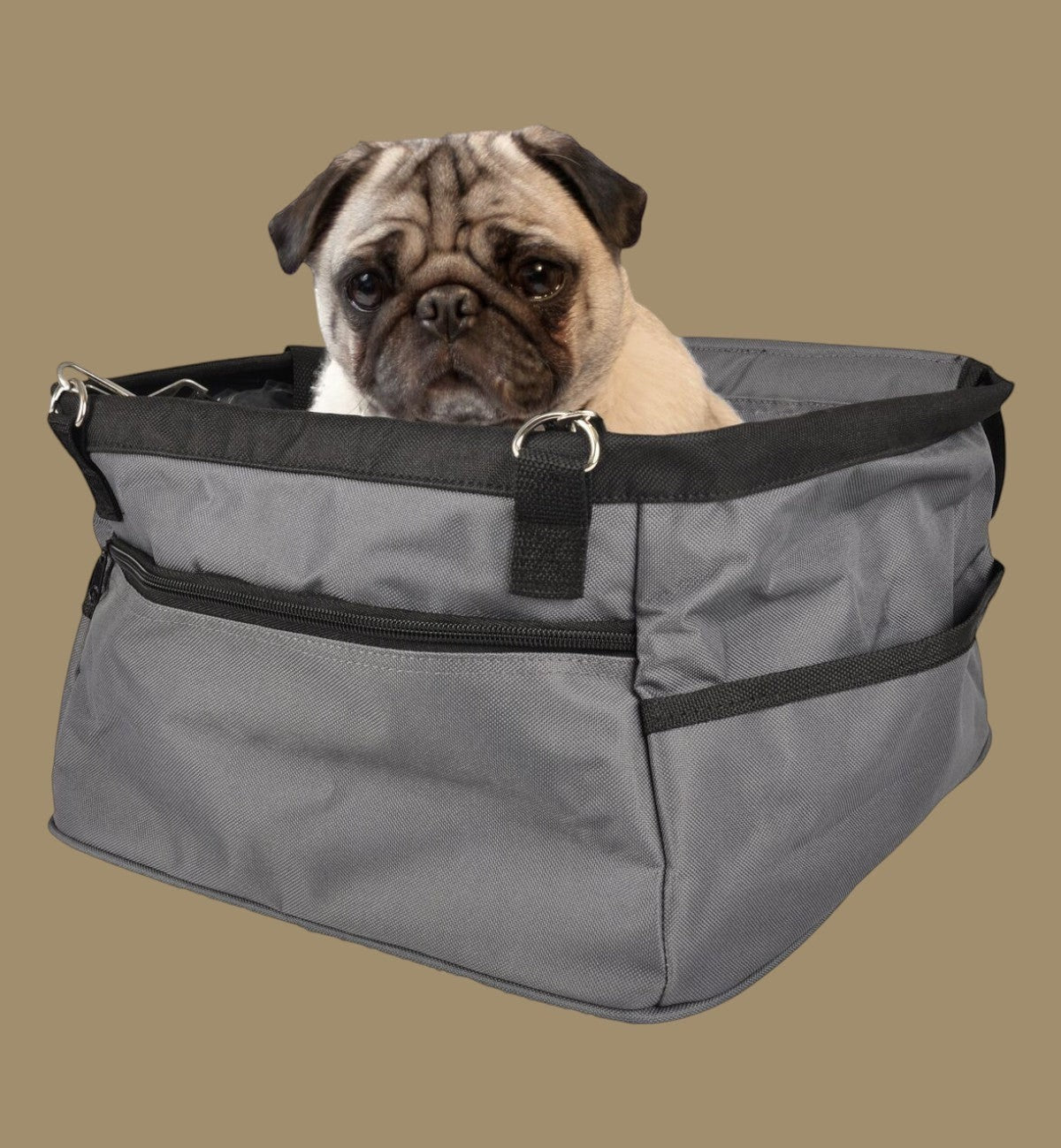 Animozen siège auto pour chien gris en polyester, pliable, avec sangle de sécurité pour petits chiens.