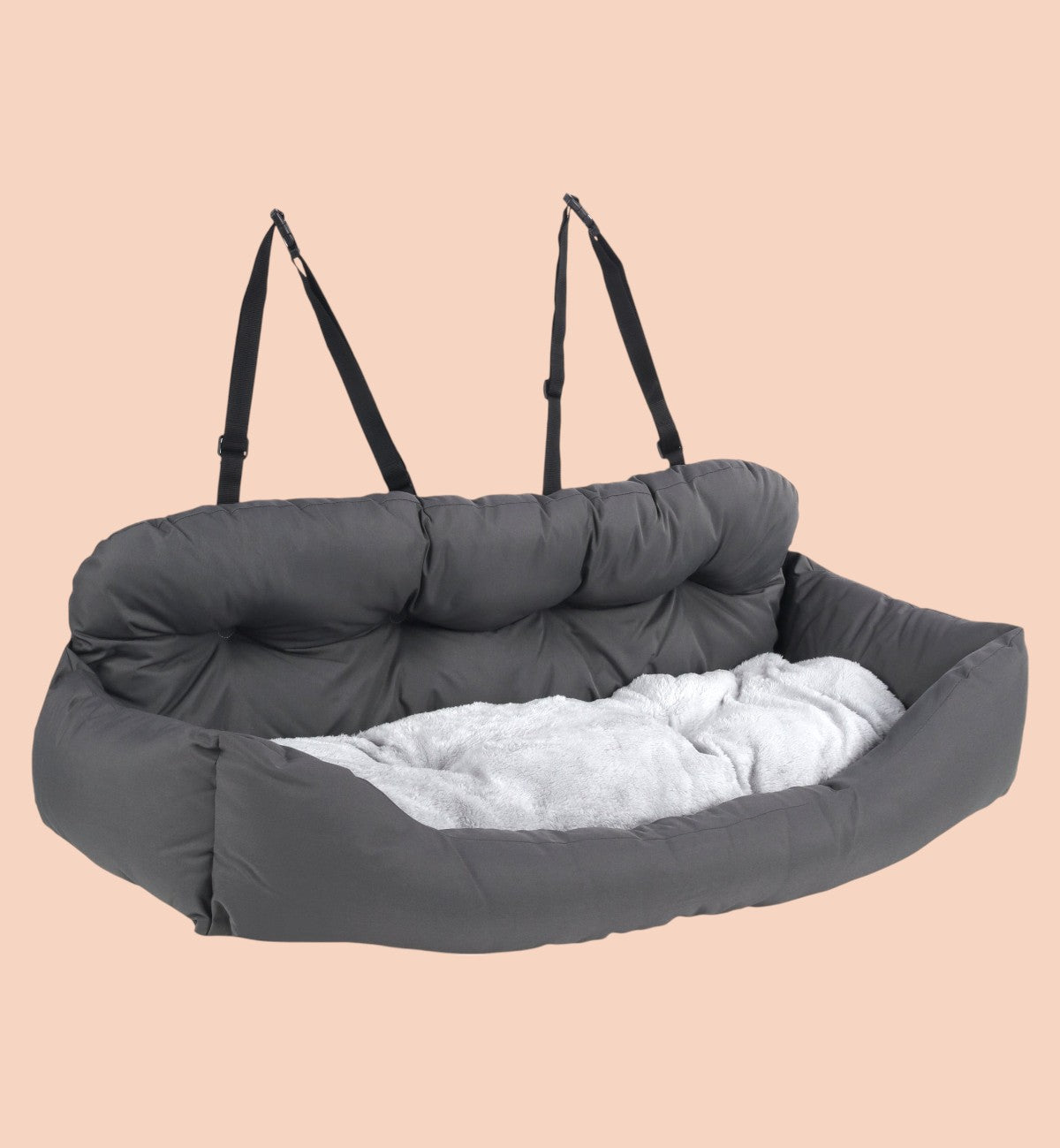 Animozen siège auto pour chien gris en polyester, rembourré et confortable, avec sangles de fixation.