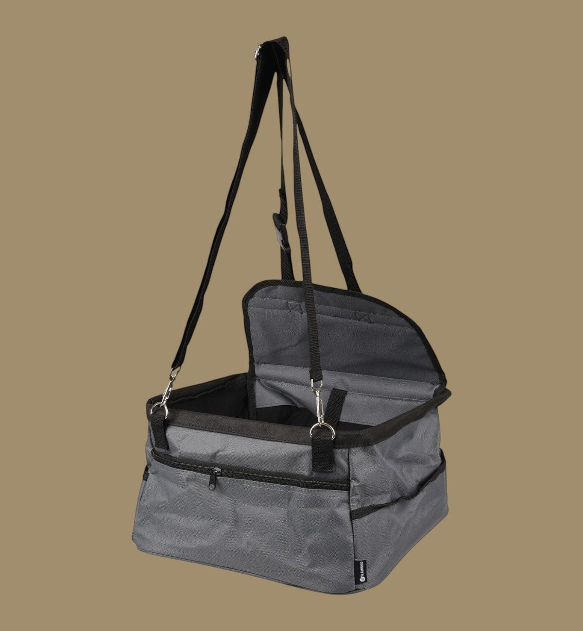 Animozen siège auto pour chien gris en polyester, pliable, avec sangle de sécurité et fond amovible.
