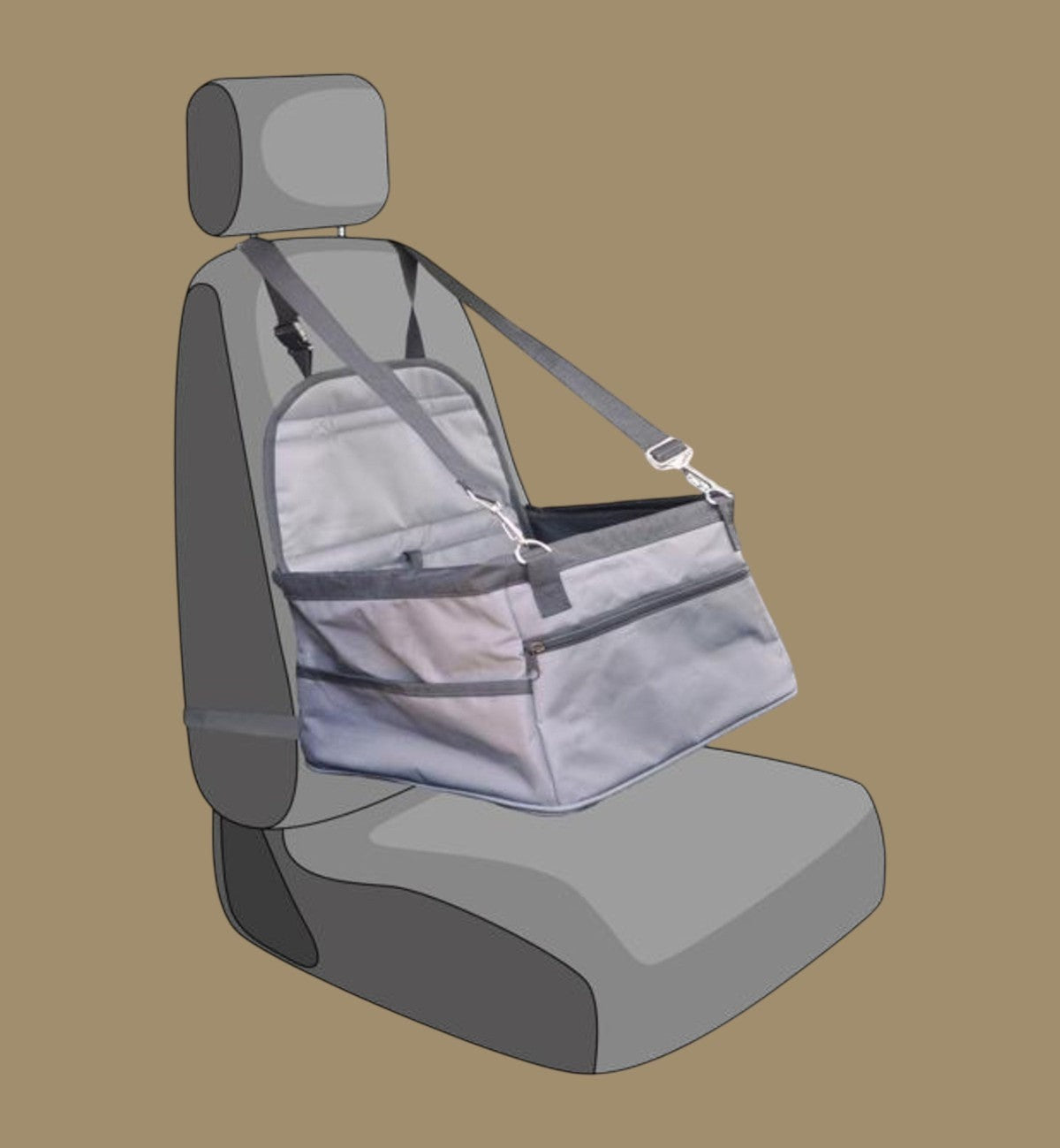 Animozen siège auto pour chien gris en polyester, pliable et lavable, avec sangle de sécurité.