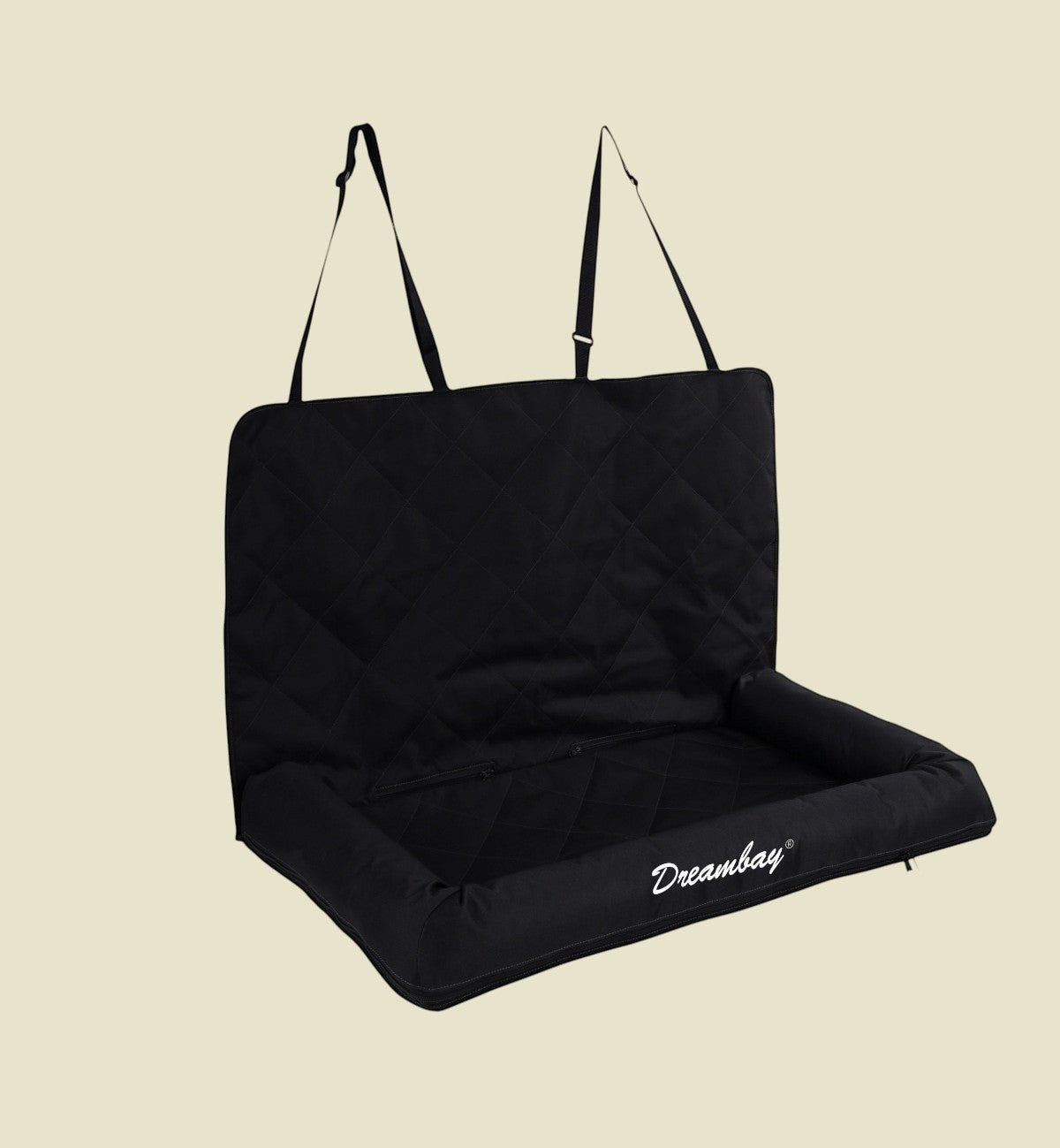 Animozen siège auto banquette noir matelassé en polyester déperlant pour chien, avec sangles réglables et ouverture zippée pour ceinture de sécurité.