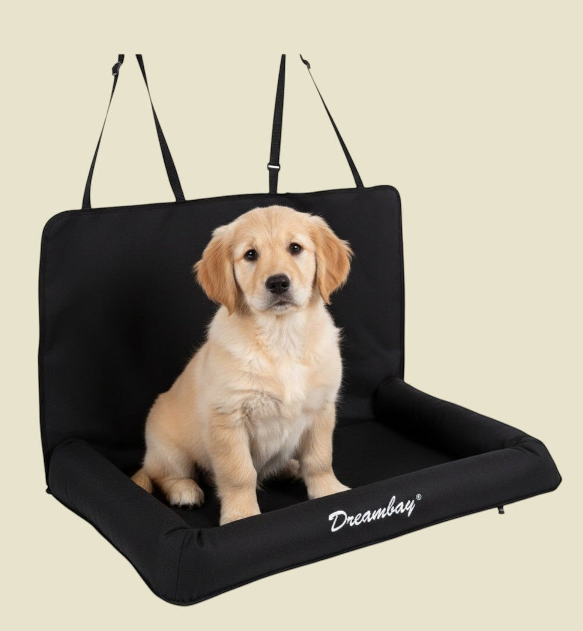 Animozen siège auto banquette pour chien noir en polyester déperlant, rembourré et lavable, avec sangles réglables.