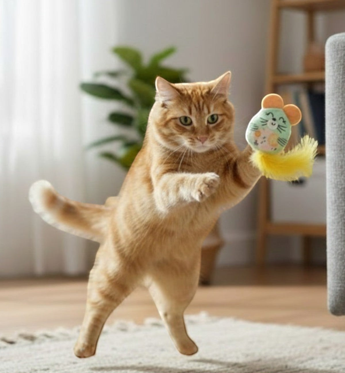 Animozen souris en peluche verte et jaune avec queue de plumes pour chat, avec cataire et crépitement.