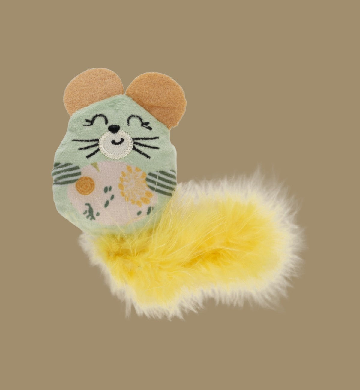 Animozen souris en peluche verte avec queue jaune à plumes, cataire et crépitement pour chats.