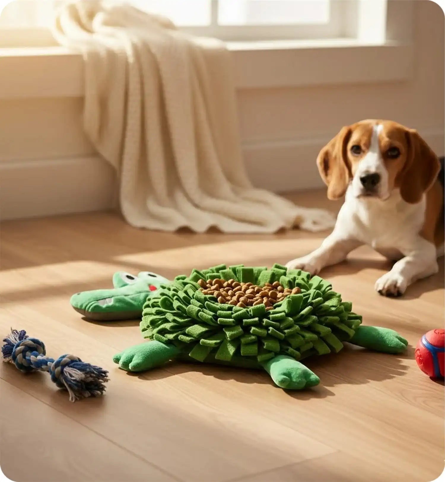 Animozen tapis de fouille crocodile vert en polyester rempli de croquettes pour chien, avec un beagle en arrière-plan.