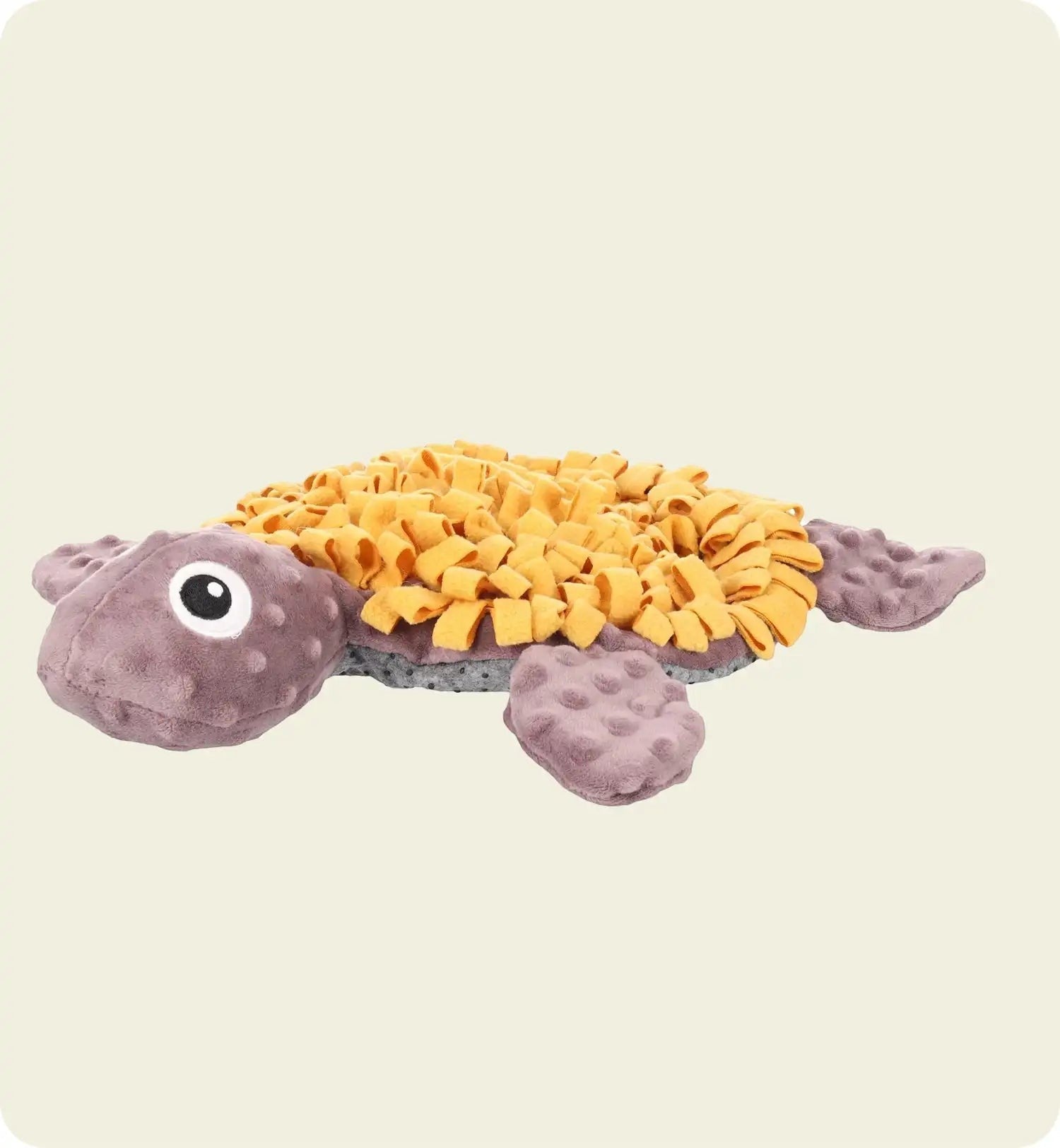 Tapis de fouille Animozen en forme de tortue, gris et ocre, avec couinement intégré pour stimuler votre chien.