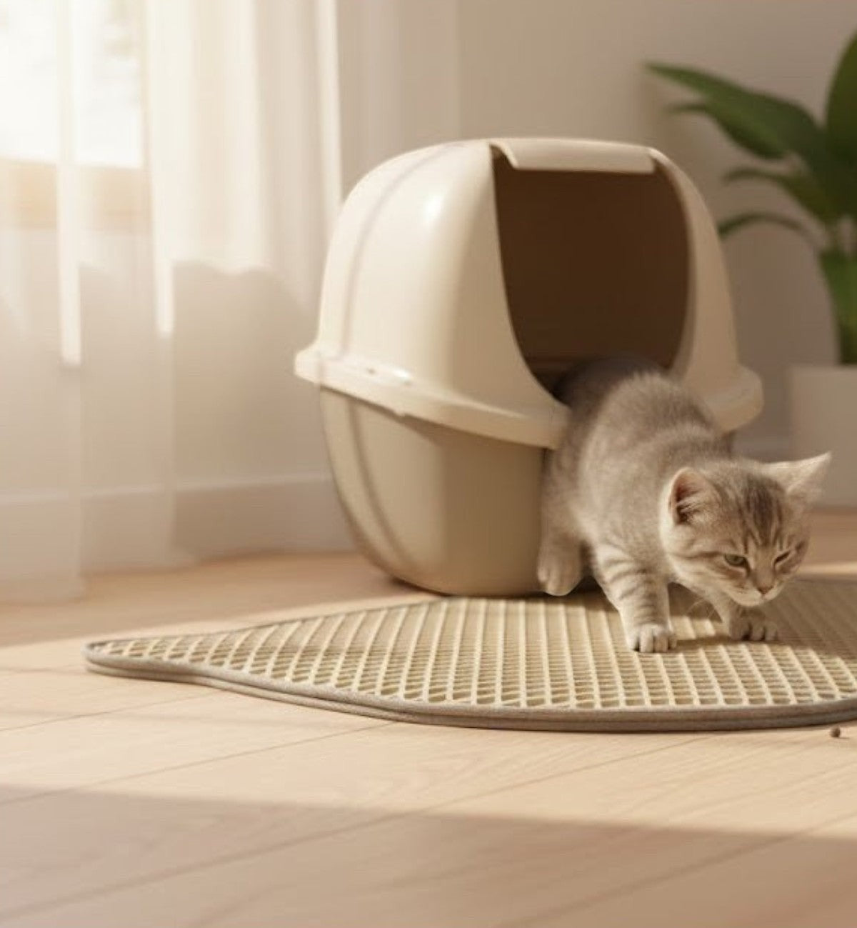 Tapis de litière Animozen gris clair en EVA, 40x50 cm, double couche pour capturer les grains, fond imperméable, design tête de chat.
