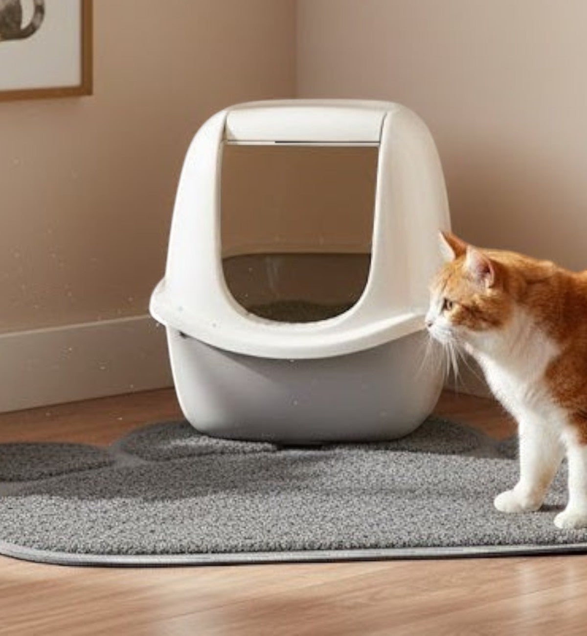 Tapis de litière pour chat Animozen en PVC synthétique gris, forme patte, avec bac à litière et chat roux