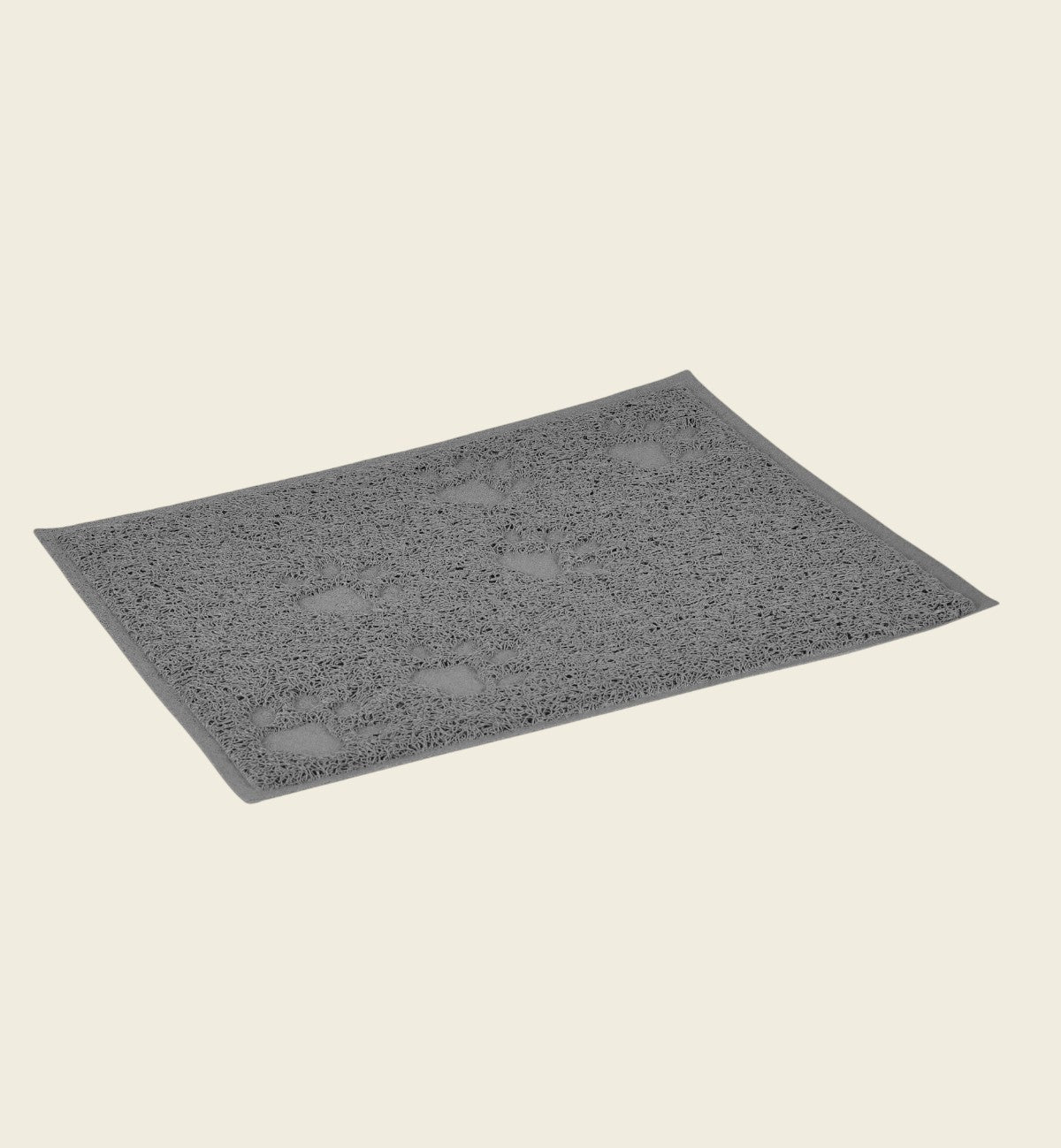 Tapis de litière pour chat Tumbi gris en PVC synthétique, surface texturée pour capturer les grains, fond antidérapant.