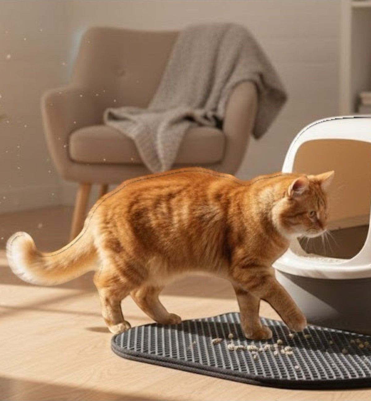 Animozen tapis de litière pour chat noir en EVA, 40x50 cm, avec motif tête de chat, idéal pour capturer les grains de litière.