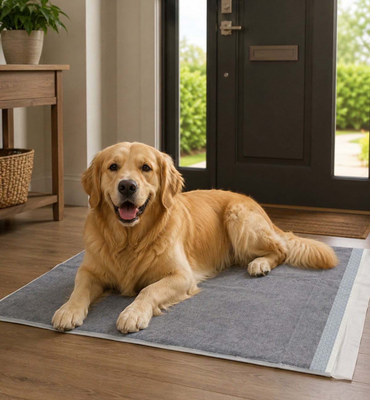 Animozen Tapis de propreté gris pour chien au charbon actif, 90x60 cm, avec motif décoratif sur le bord.