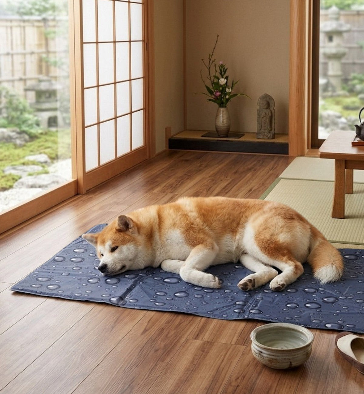 Tapis rafraîchissant Animozen pour chien, bleu avec motif gouttes d'eau, en polyester et gel, idéal pour l'été.