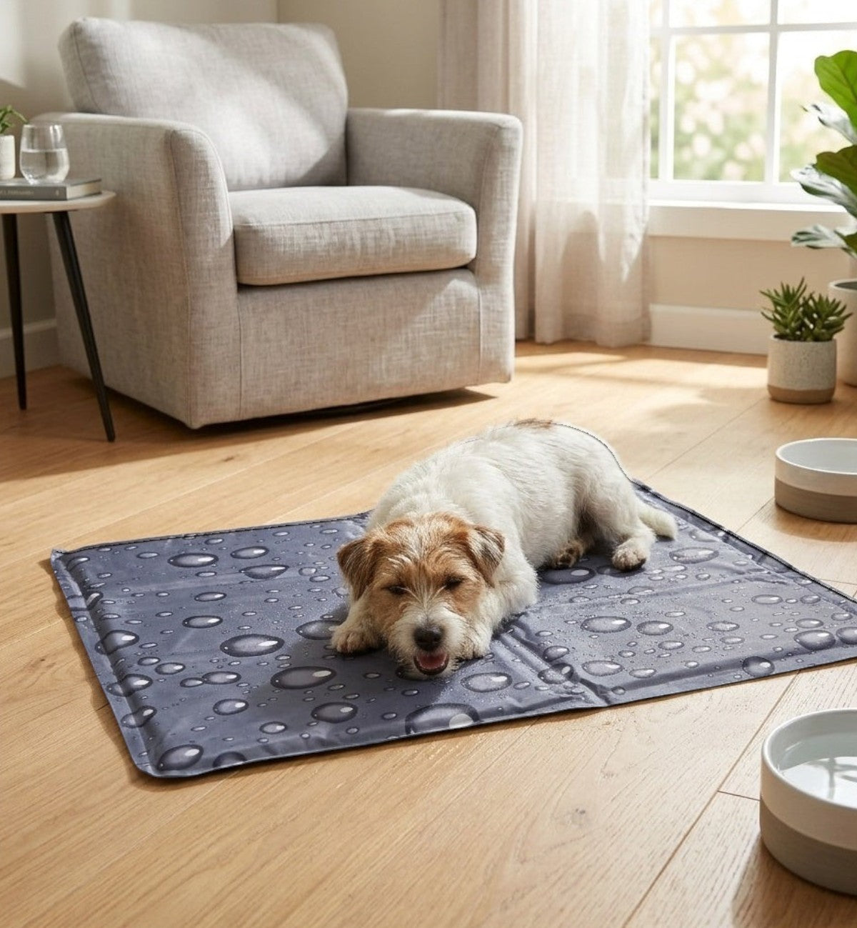Tapis rafraîchissant Animozen gris motif gouttes pour chien, en polyester avec gel non toxique. Pliable et étanche.