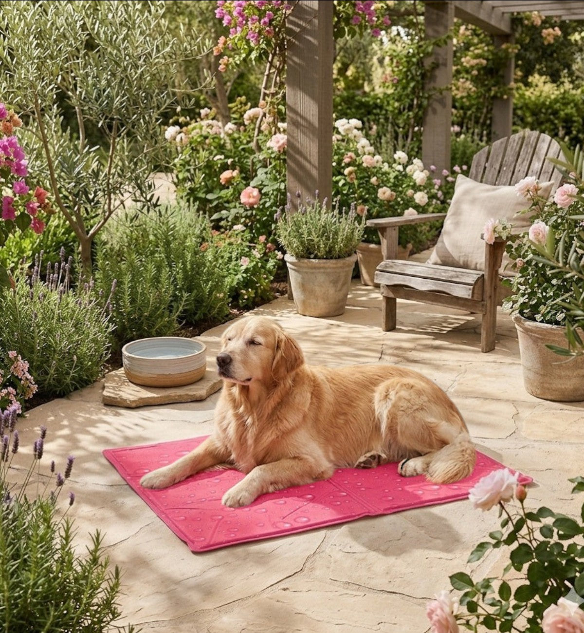 Animozen tapis rafraîchissant pour chien rose en polyester avec motif gouttes, idéal pour l'été.
