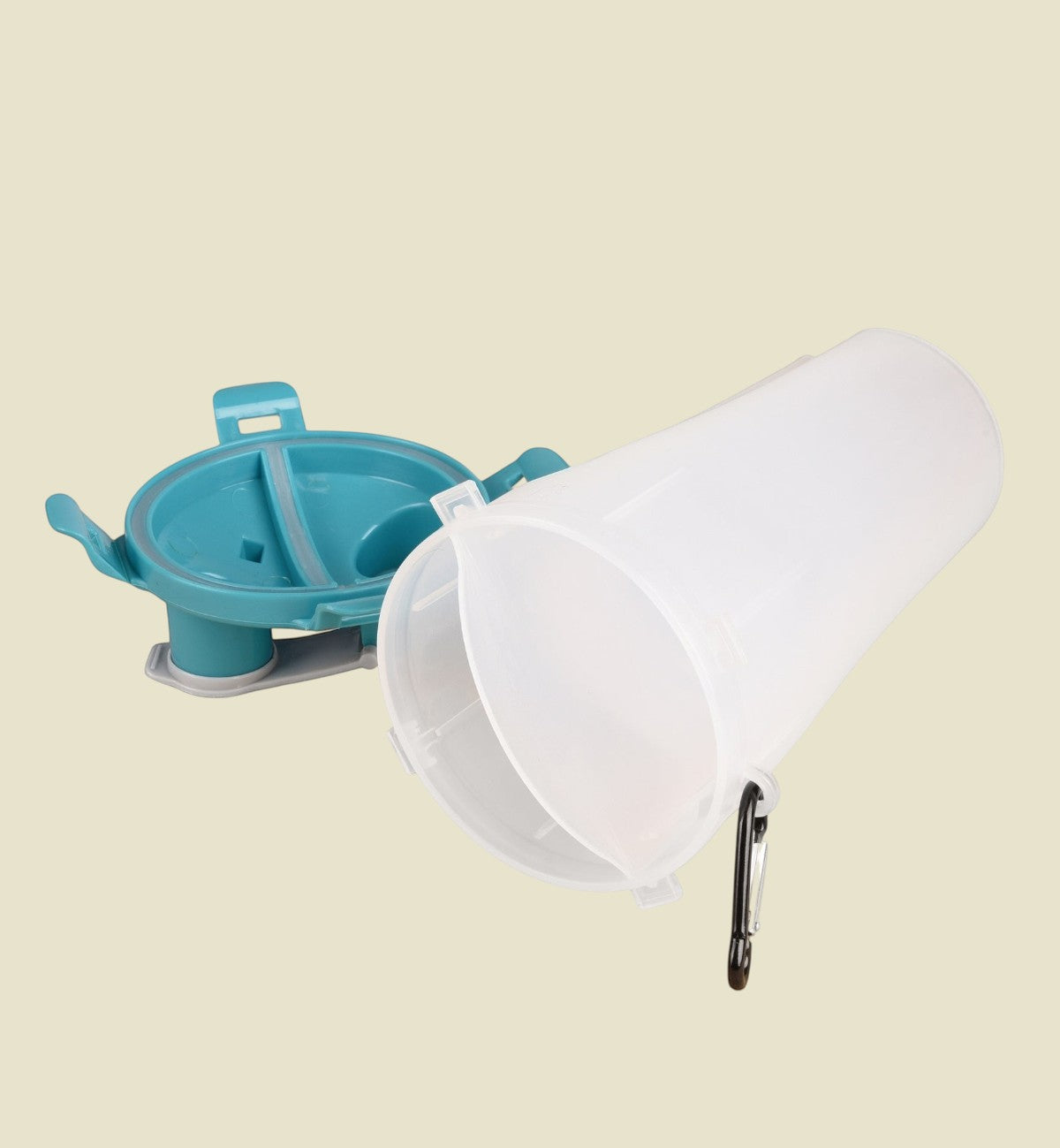 Animozen Tasse de voyage 2-en-1 pour chien, turquoise et blanc, pour eau et nourriture, avec gamelles pliables.