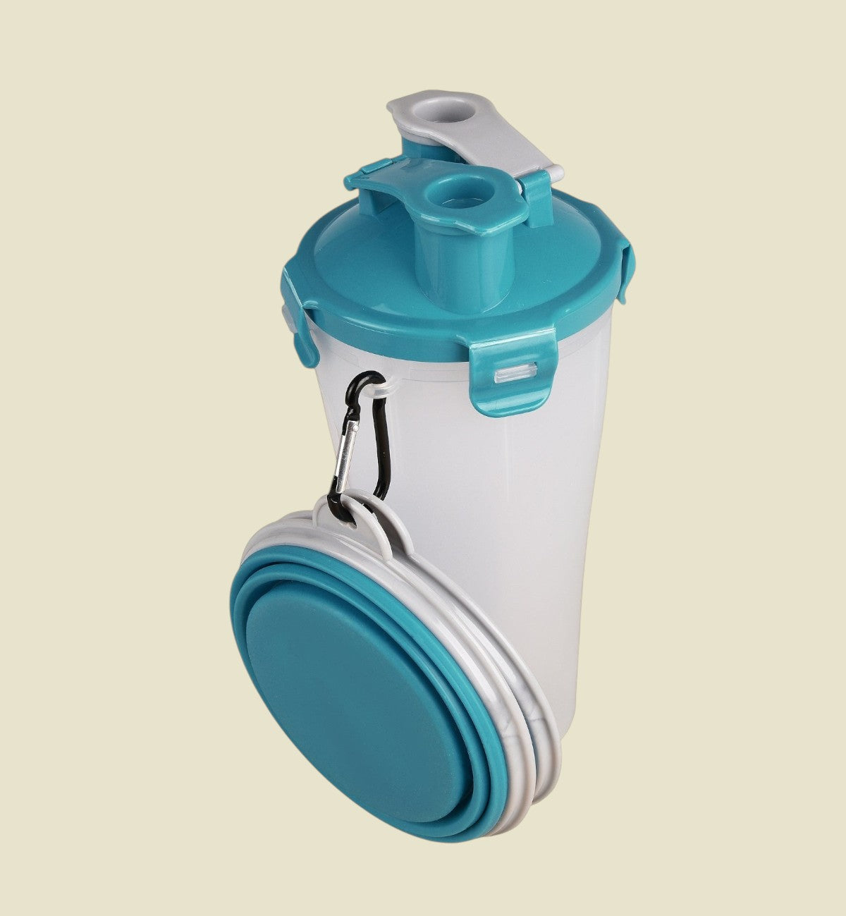 Animozen Tasse de voyage 2-en-1 pour chien, turquoise et blanc, avec gamelles pliables pour eau et nourriture.