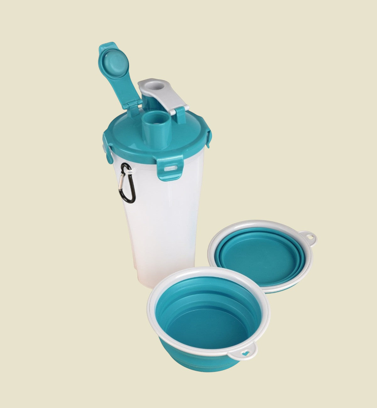 Animozen Tasse de voyage 2-en-1 pour chien, turquoise et blanc, avec deux gamelles pliables pour eau et nourriture.