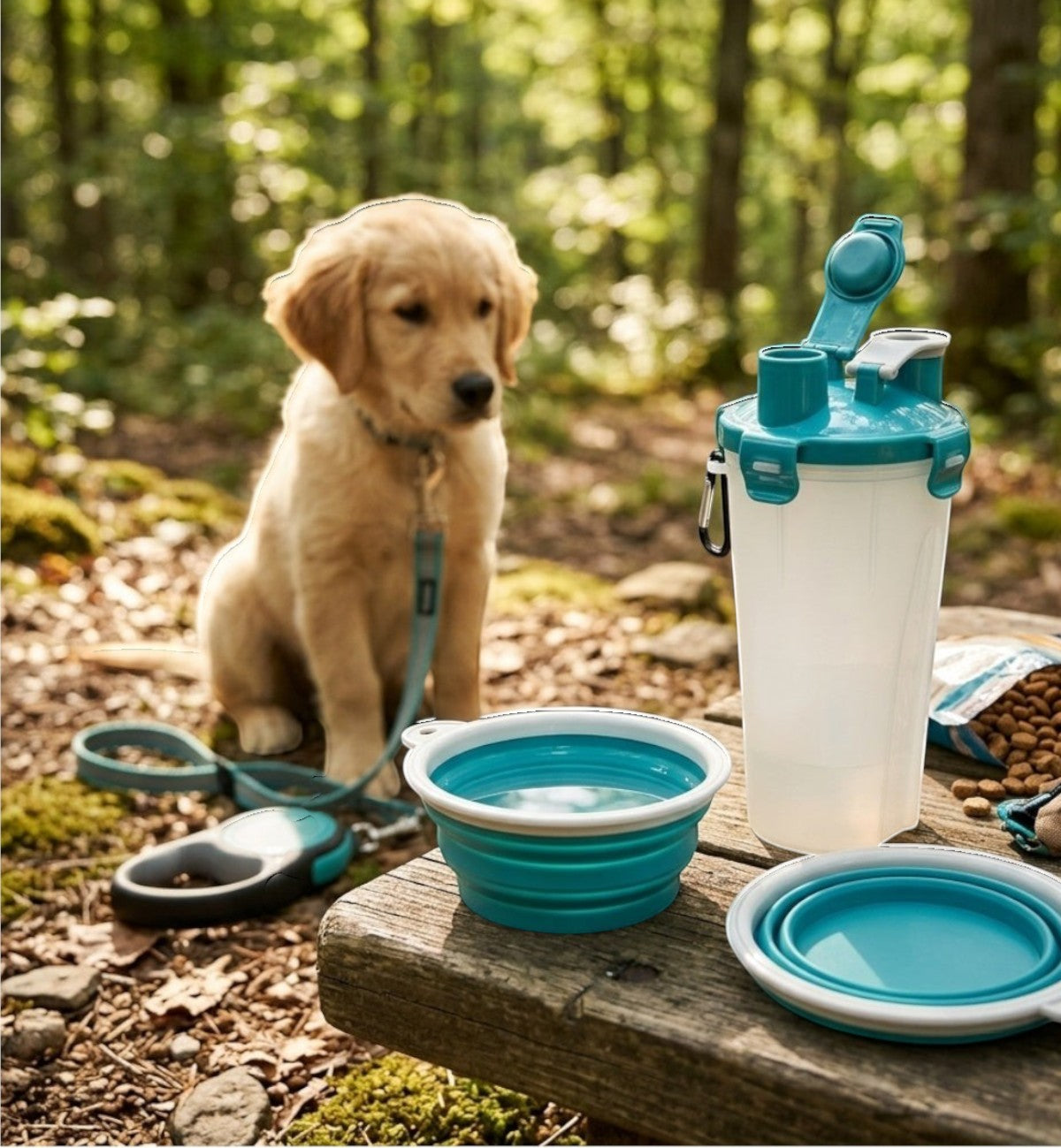 Animozen Tasse de voyage 2 en 1 pour chien, turquoise et blanche, avec gamelles pliables et compartiments eau/nourriture.