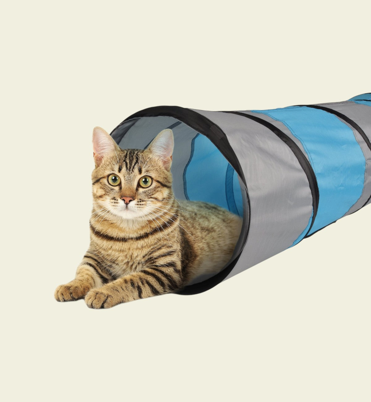 Animozen Tunnel interactif pour chat gris et bleu en polyester, 90 cm, avec trou latéral pour le jeu.