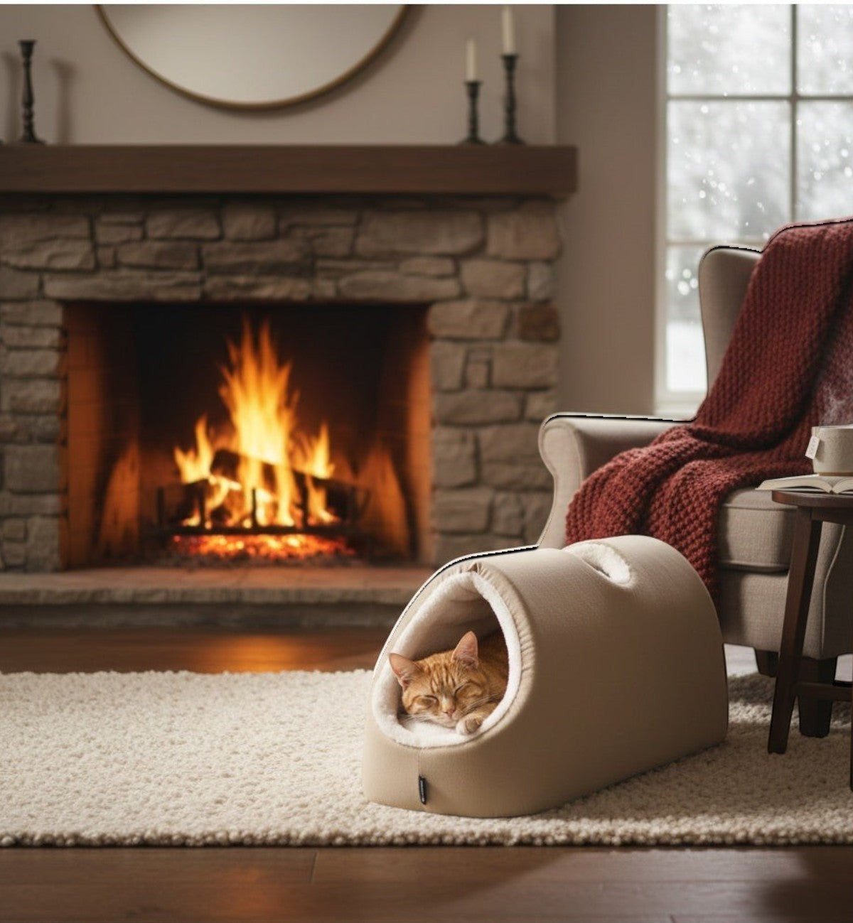 Animozen tunnel de couchage pour chat en peluche beige avec coussin amovible, 2 entrées, 75x25x25cm